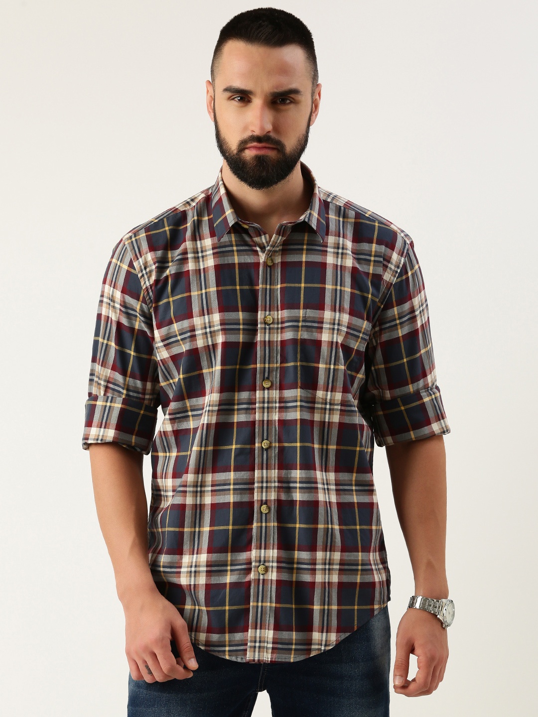 

Burnt Umber Men Opaque Checked Casual Shirt, Multi