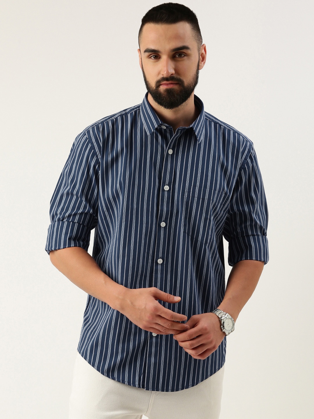 

Burnt Umber Men Opaque Striped Casual Shirt, Blue