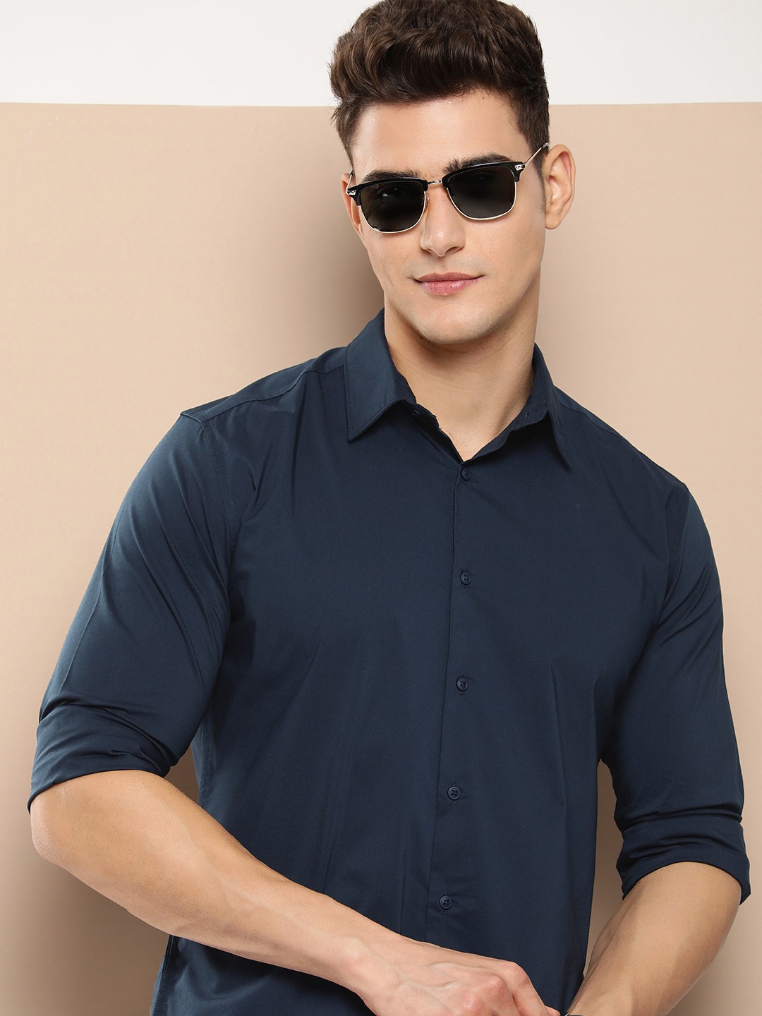 

HERE&NOW Men Slim Fit Solid Casual Shirt, Navy blue