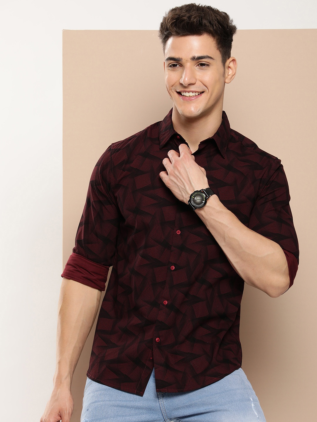 

HERE&NOW Men Slim Fit Geometric Printed Casual Shirt, Maroon