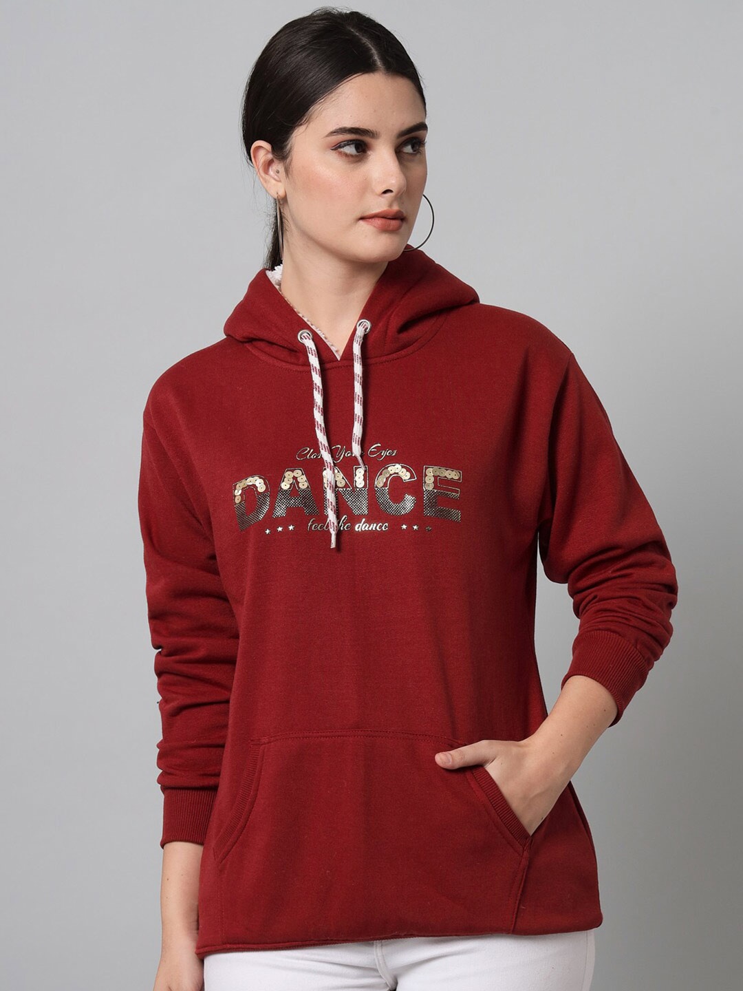 

eWools Typography Printed Hooded Embellished Detailed Sweatshirt, Maroon