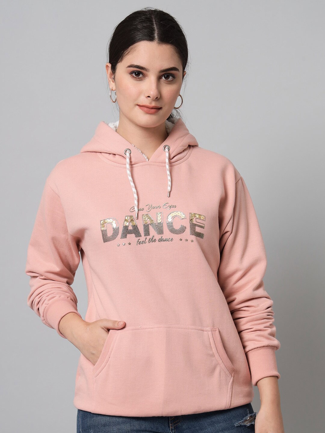 

eWools Typography Printed Hooded Embellished Detailed Sweatshirt, Pink