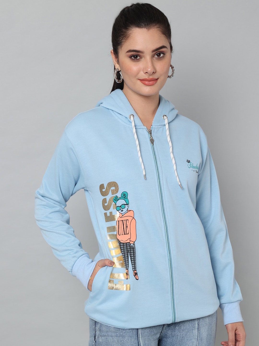 

eWools Typography Printed Hooded Front-Open Sweatshirt, Blue