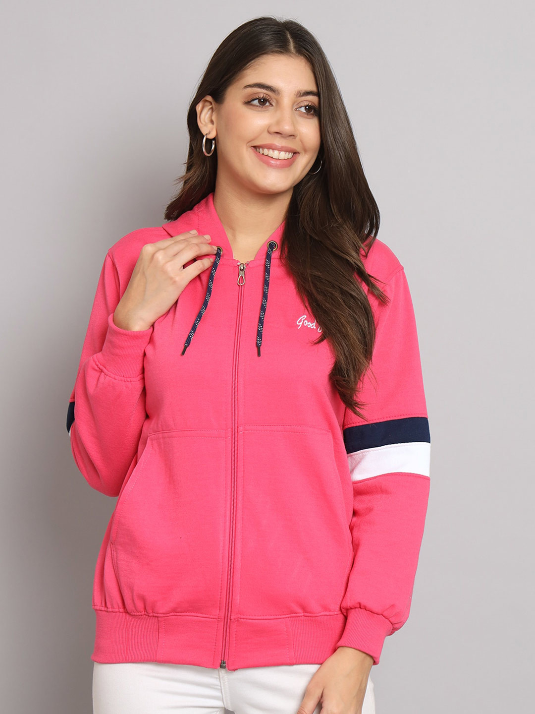 

eWools Typography Printed Hooded Front-Open Sweatshirt, Pink