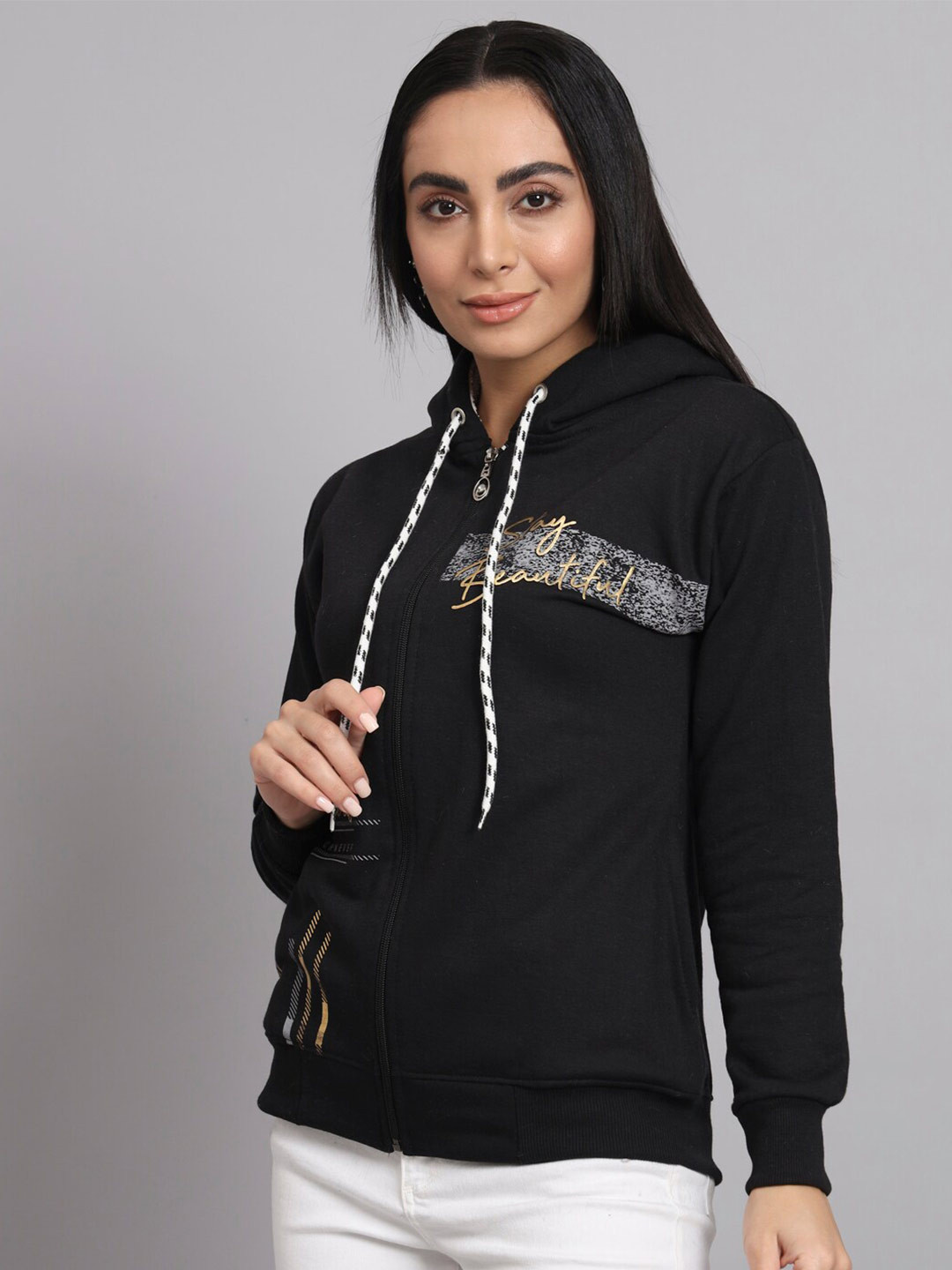 

eWools Typography Printed Hooded Front-Open Sweatshirt, Black