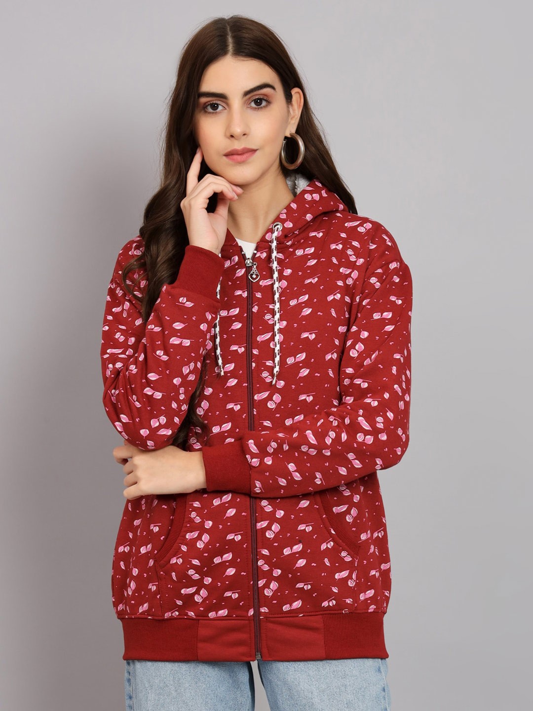 

eWools Floral Printed Hooded Front-Open Sweatshirt, Maroon