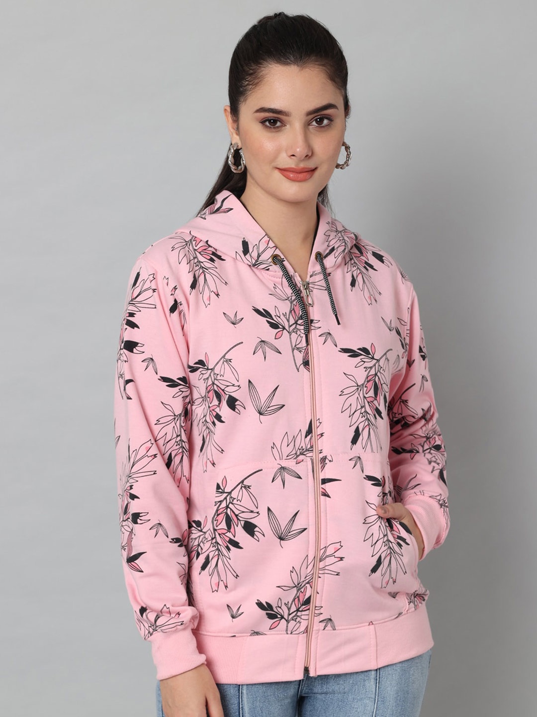 

eWools Floral Printed Hooded Front-Open Sweatshirt, Pink