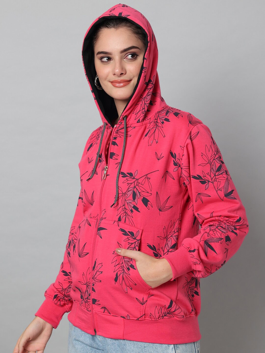 

eWools Floral Printed Hooded Front-Open Sweatshirt, Pink