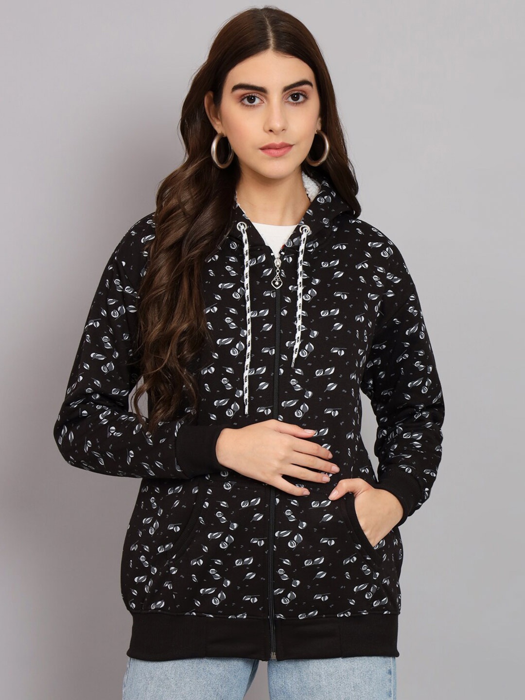 

eWools Floral Printed Hooded Front-Open Sweatshirt, Black