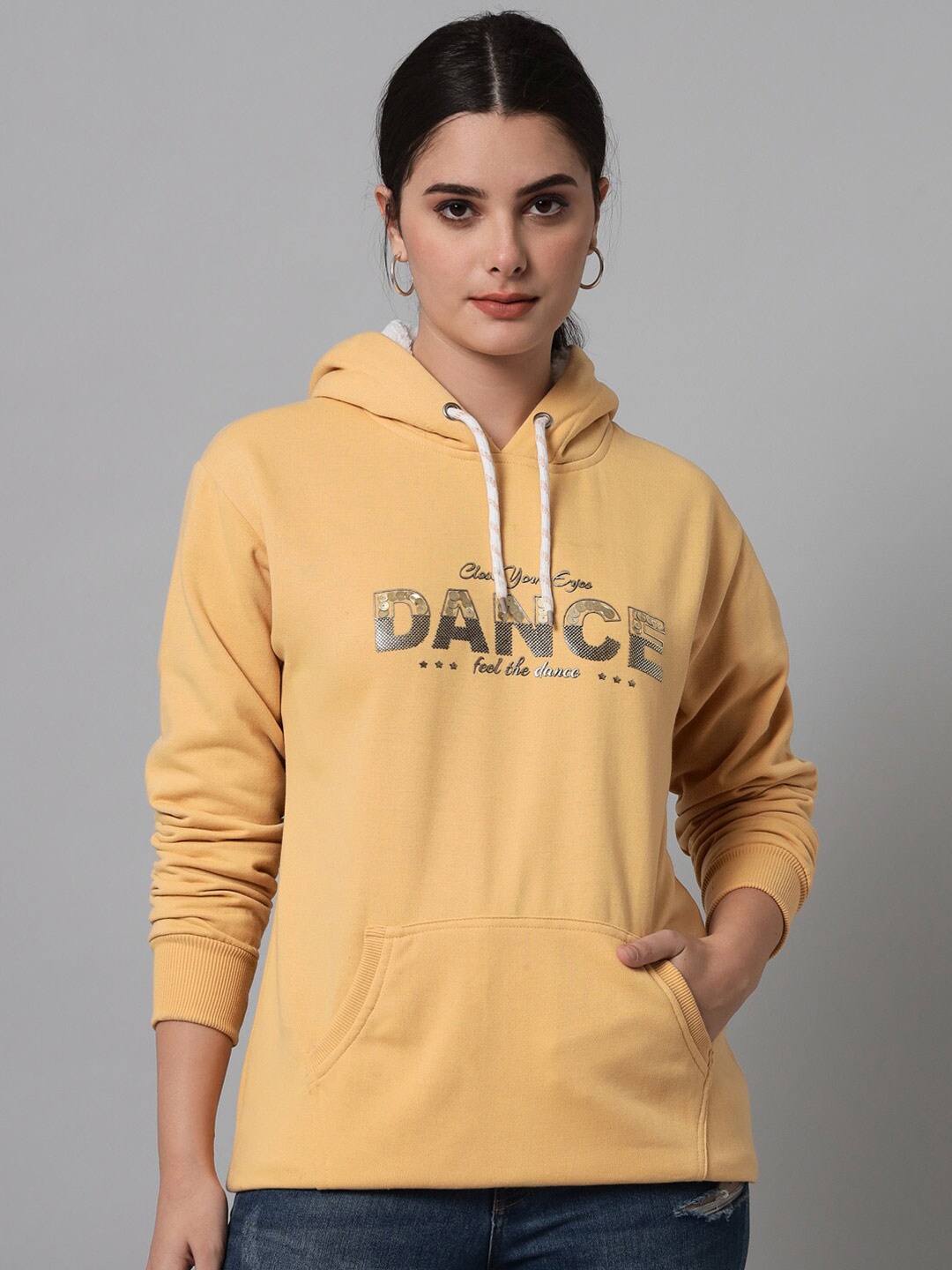 

eWools Typography Printed Sequined Terry Hood Pullover Sweatshirt, Gold