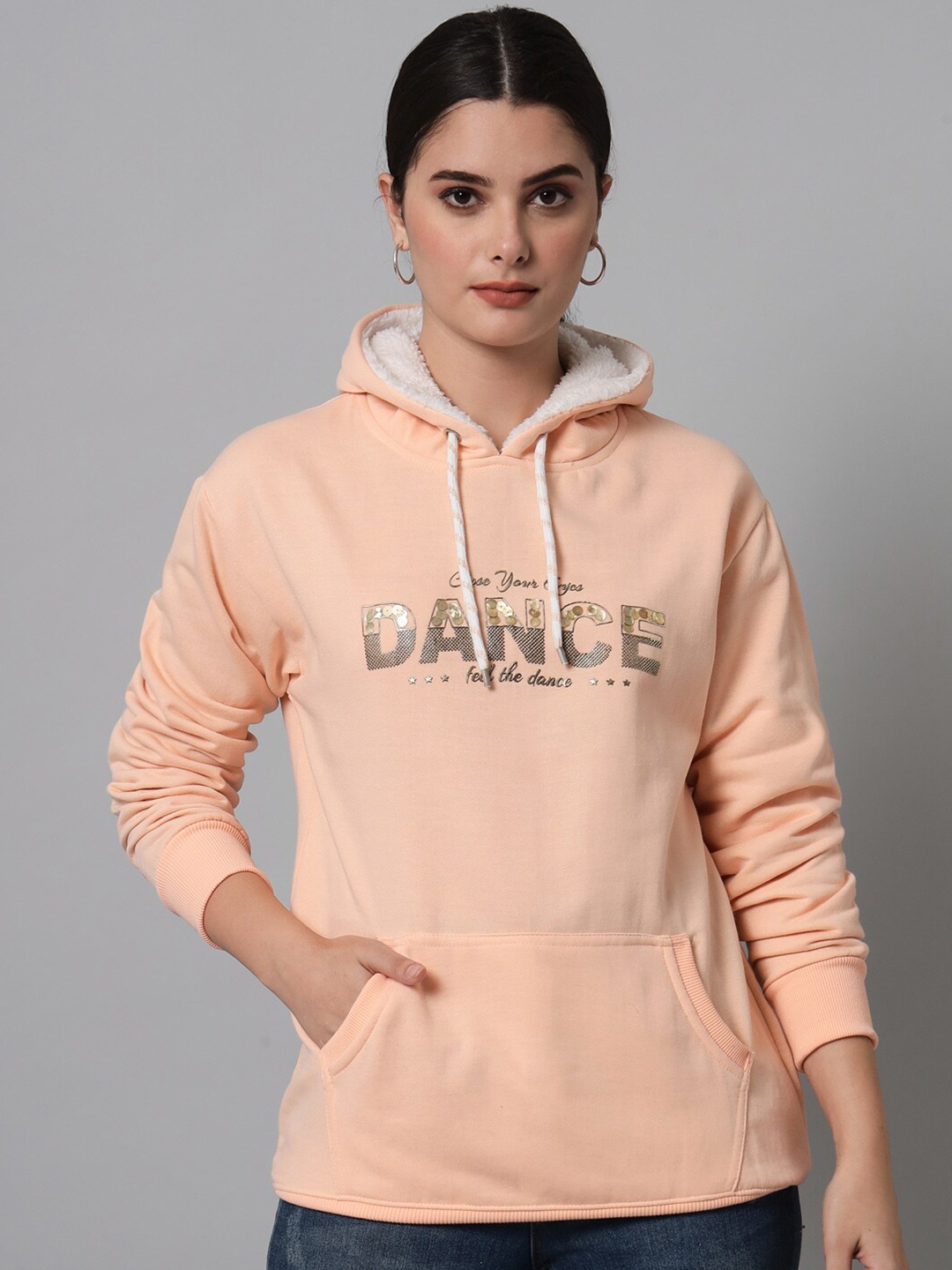 

eWools Typography Printed Sequined Terry Hood Pullover Sweatshirt, Orange