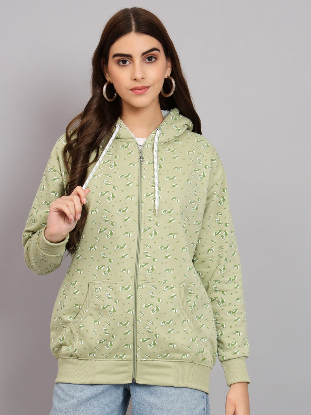 

eWools Floral Printed Long Sleeves Hood Terry Front-Open Sweatshirt, Green