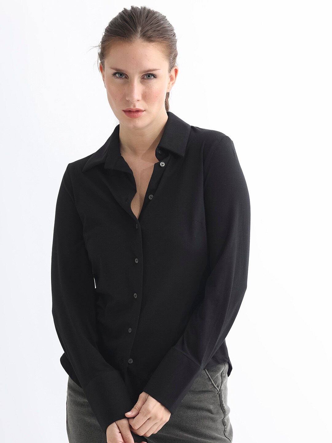 

RAREISM Slim Fit Cotton Casual Shirt, Black