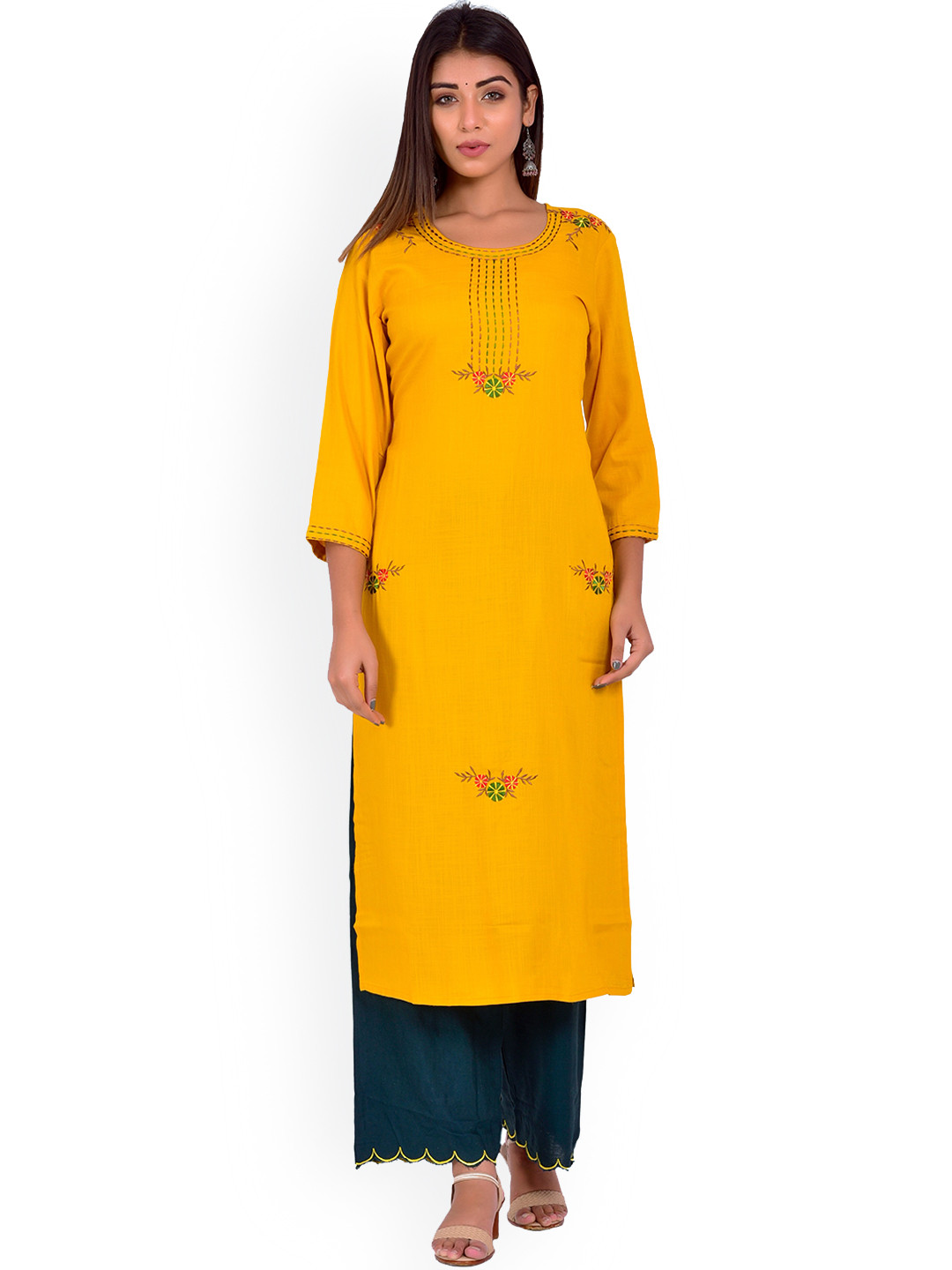 

misbis Ethnic Motifs Embroidered Round Neck Straight Kurta With Palazzos, Yellow