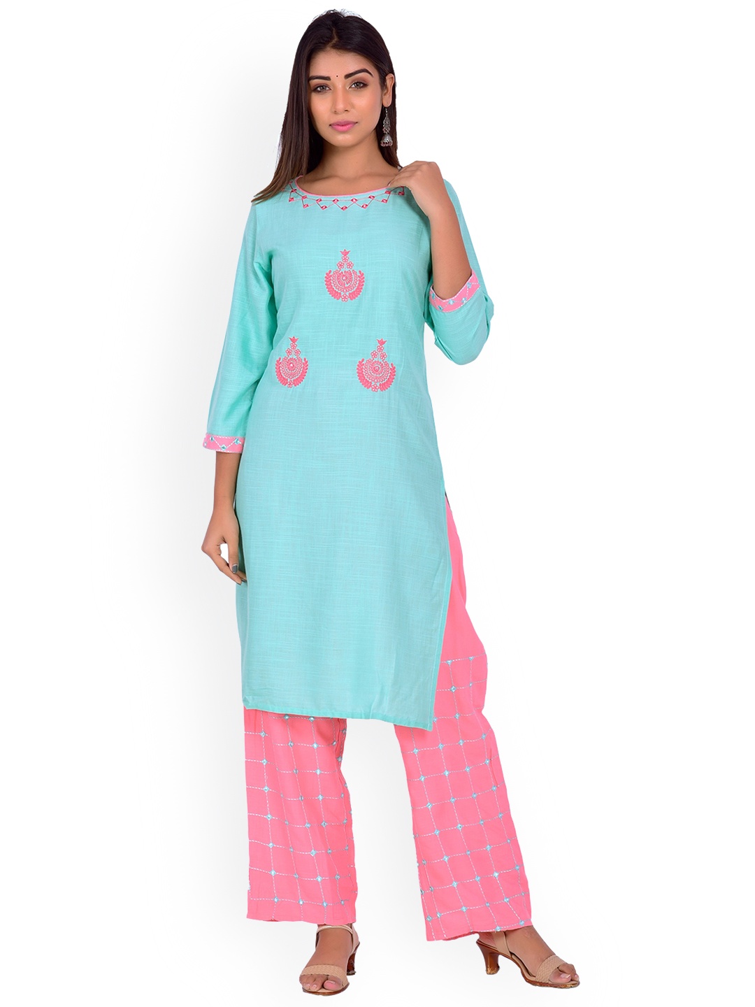 

misbis Ethnic Motifs Embroidered Round Neck Straight Kurta With Palazzos, Sea green