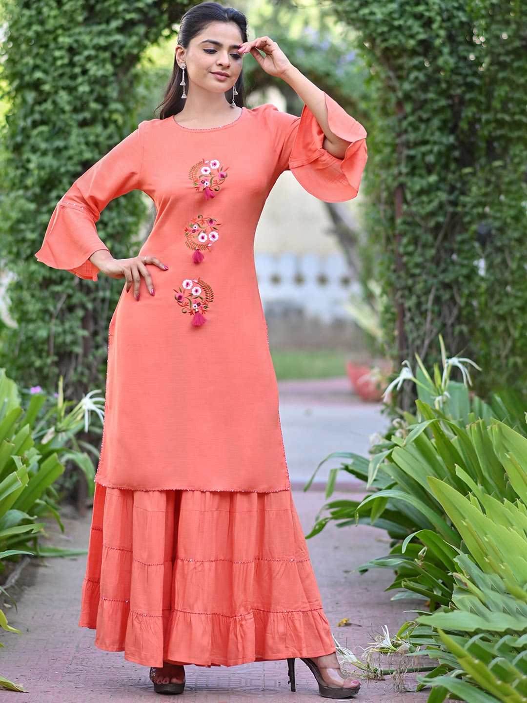 

misbis Ethnic Motifs Embroidered Round Neck Bell Sleeve Kurta With Sharara, Coral