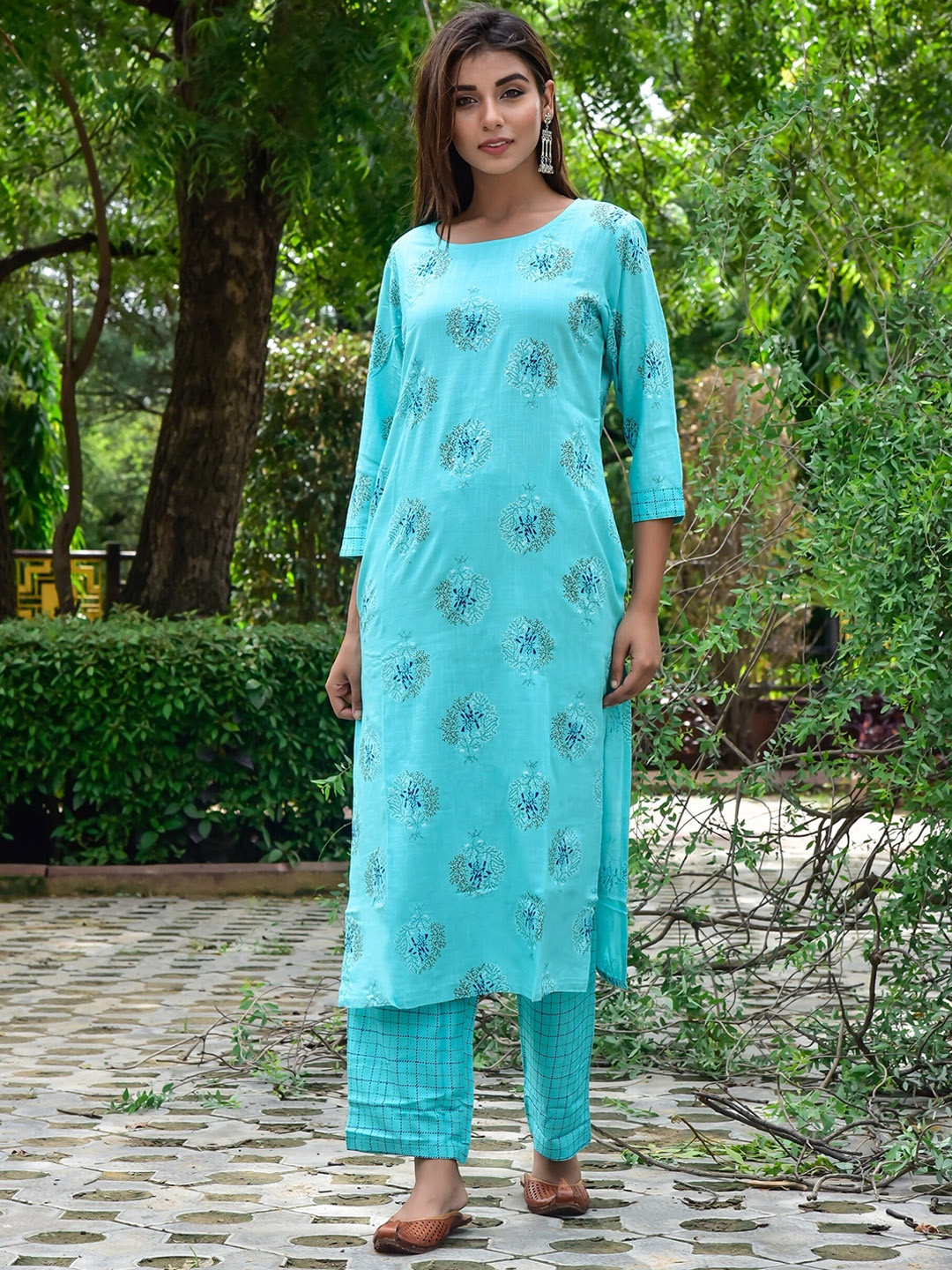 

misbis Ethnic Motifs Printed Straight Kurta With Palazzos, Turquoise blue