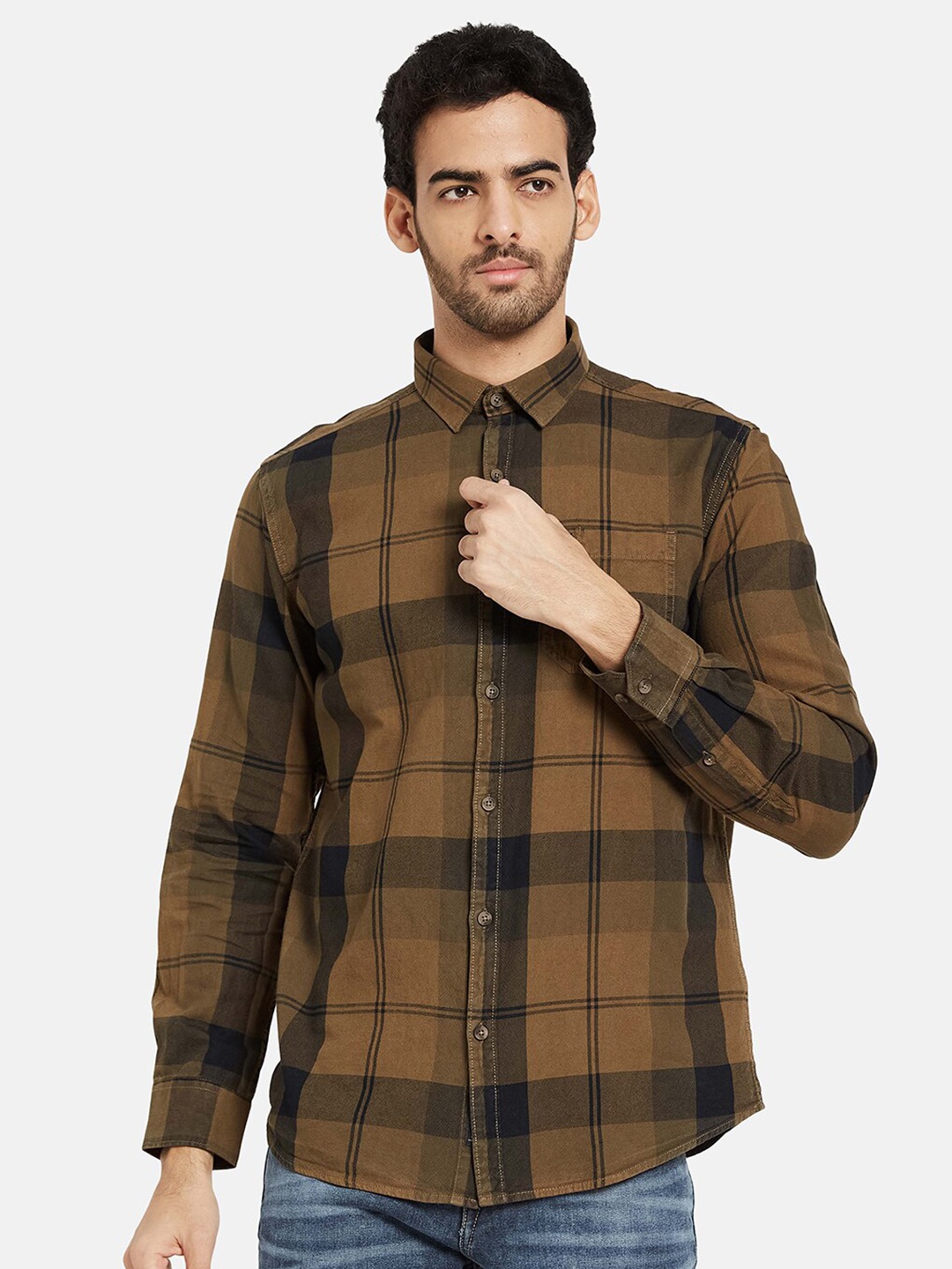 

METTLE Tartan Checked Cotton Casual Shirt, Brown