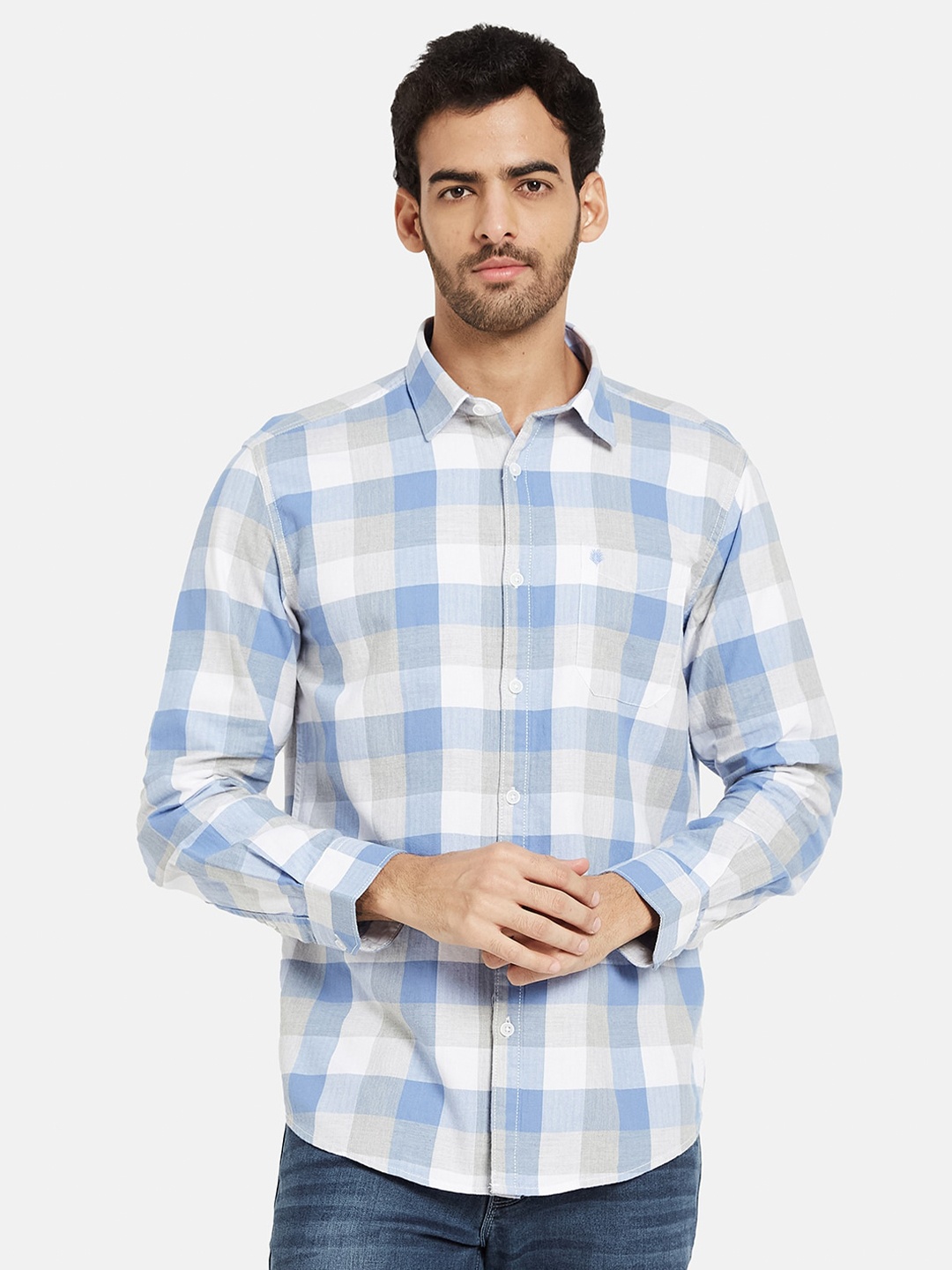 

METTLE Gingham Checked Cotton Casual Shirt, Blue