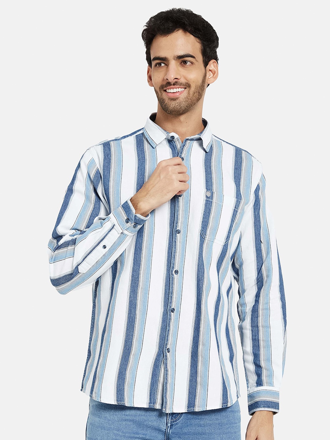 

METTLE Striped Cotton Casual Shirt, Blue