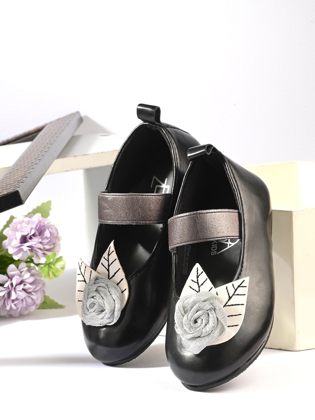 

Zebba Girls Floral Embellished Party Ballerinas, Black