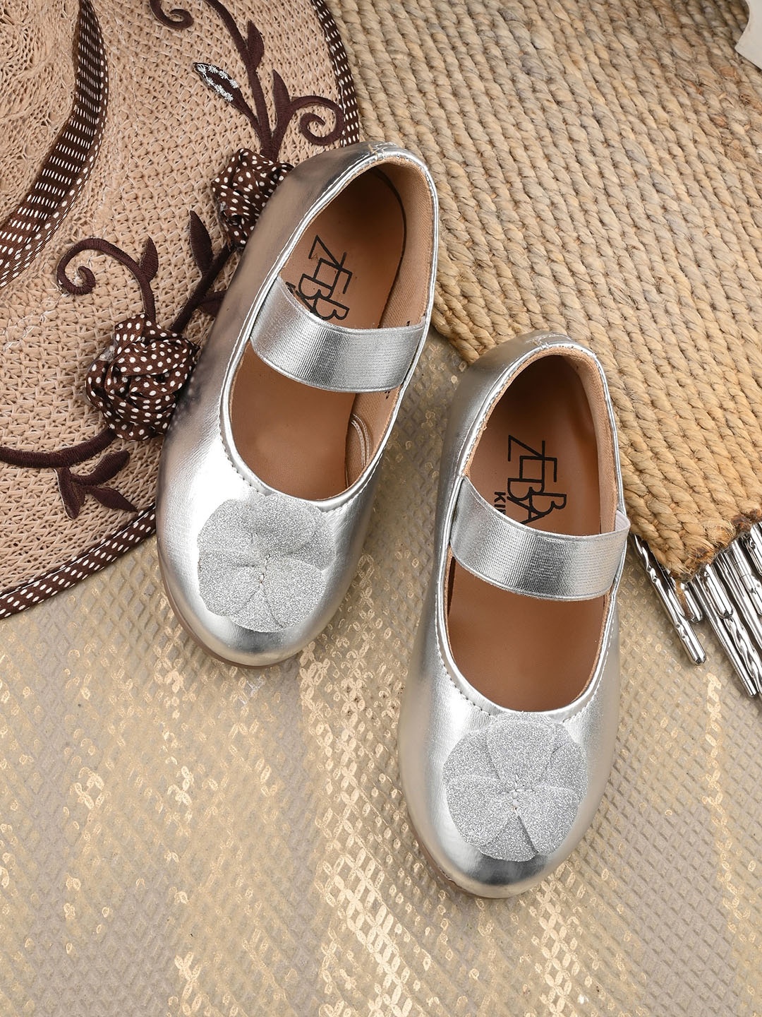 

Zebba Girls Floral Embellished Party Ballerinas, Silver