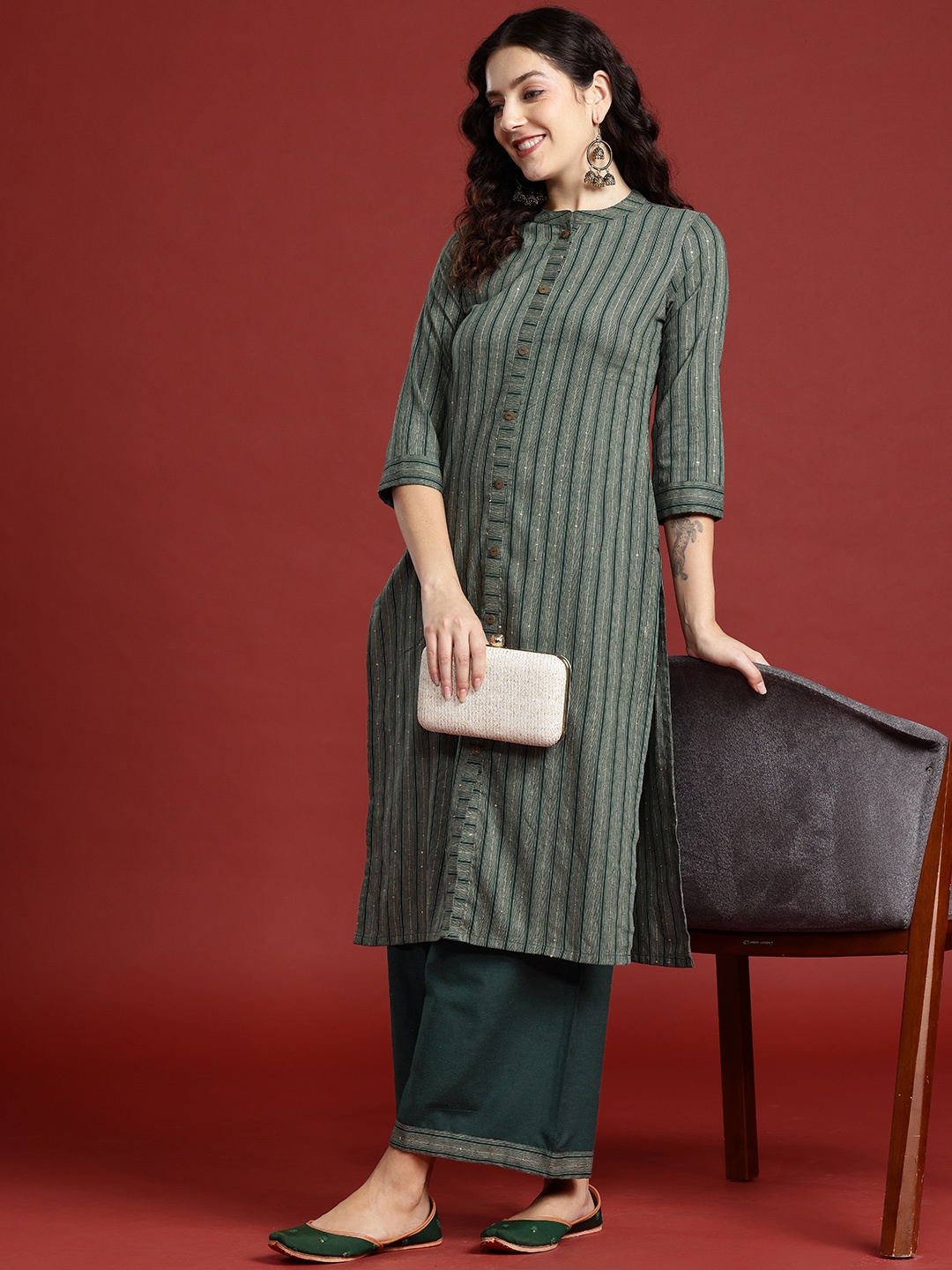 

Anouk Sequinned Pure Cotton Kurta with Palazzos, Green