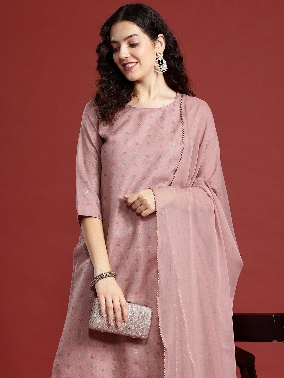 

Anouk Ethnic Motifs Printed Regular Kurta with Trousers & Dupatta, Pink