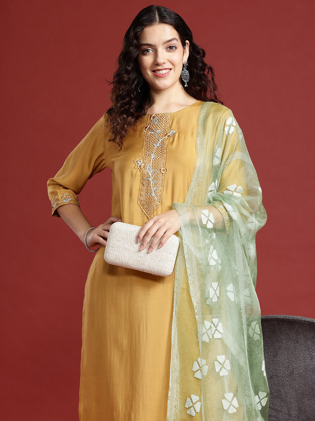 

Anouk Women Embroidered Regular Chanderi Silk Kurta with Trousers & With Dupatta, Mustard