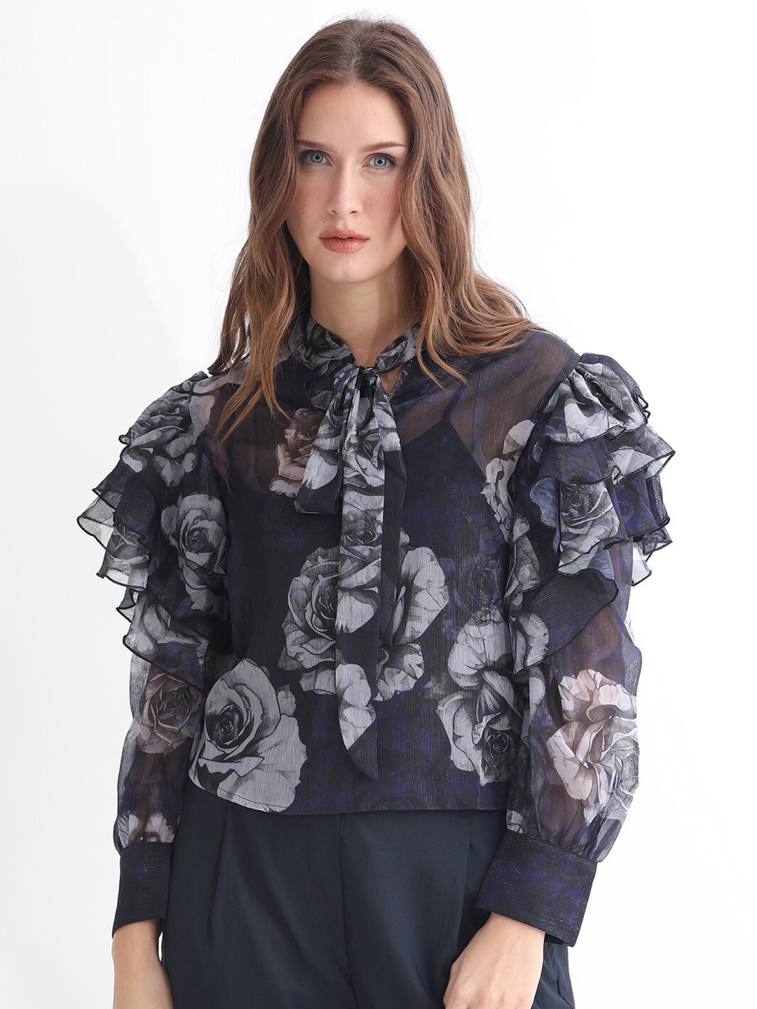 

RAREISM Floral Printed Tie-Up Detail Cuffed Sleeves Ruffles Detail Top, Purple