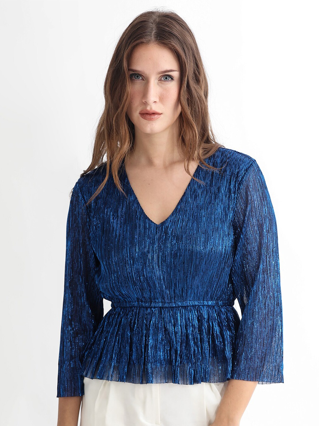 

RAREISM Self Design V-Neck Peplum Top, Blue