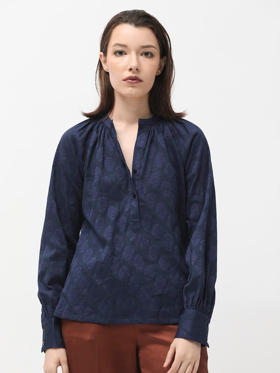 

RAREISM Self Design Mandarin Collar Cuffed Sleeves Shirt Style Top, Blue