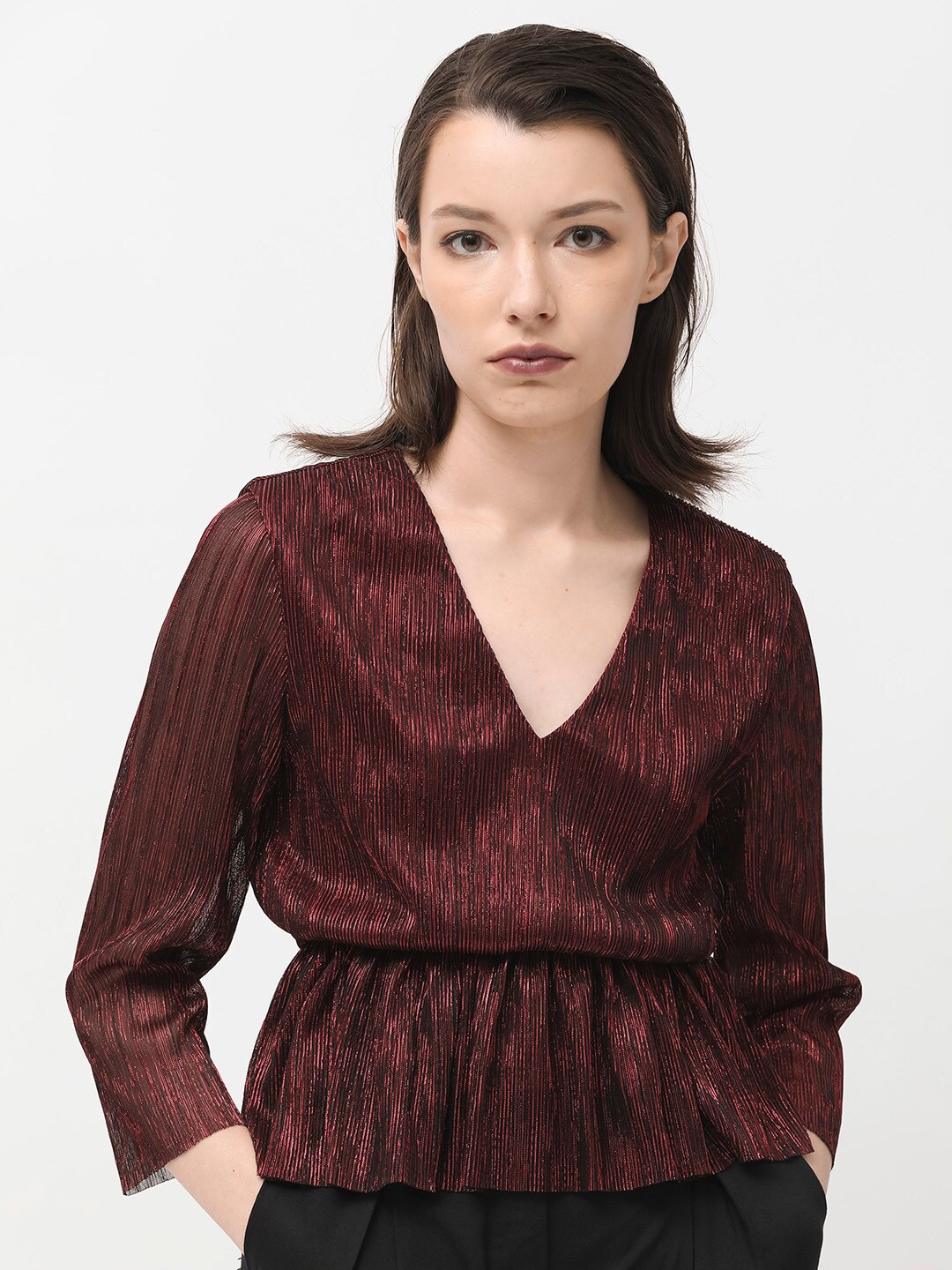 

RAREISM Self Design Peplum Top, Red