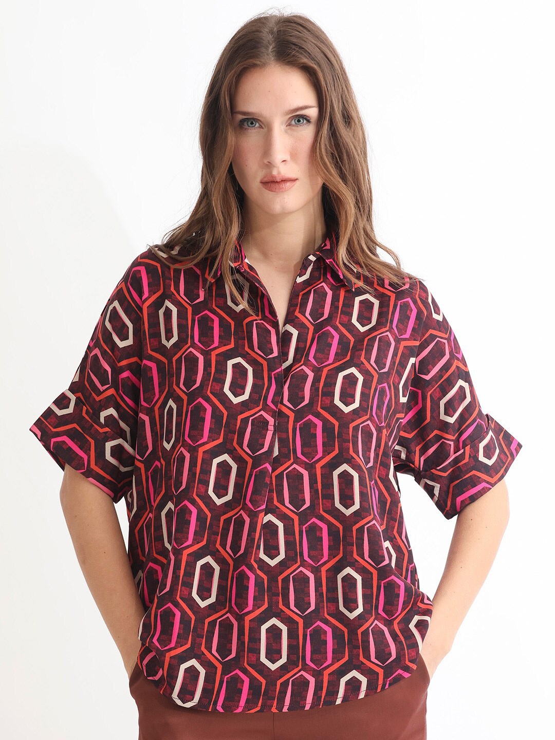 

RAREISM Geometric Printed Shirt Style Top, Brown