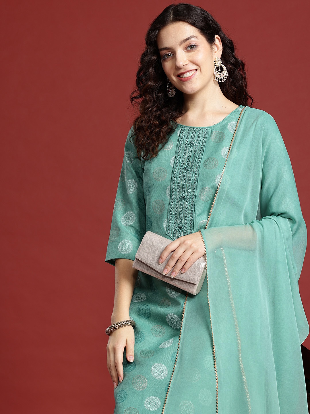 

Anouk Ethnic Motifs Foil Printed Regular Sequinned Kurta with Trousers & Dupatta, Sea green