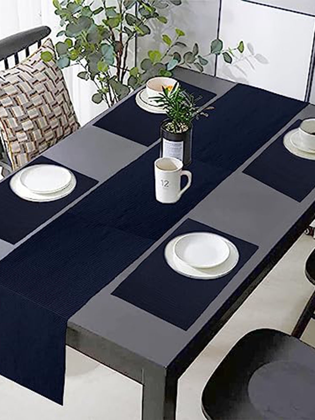 

Lushomes Navy Blue Cotton Table Placemats With Table Runner