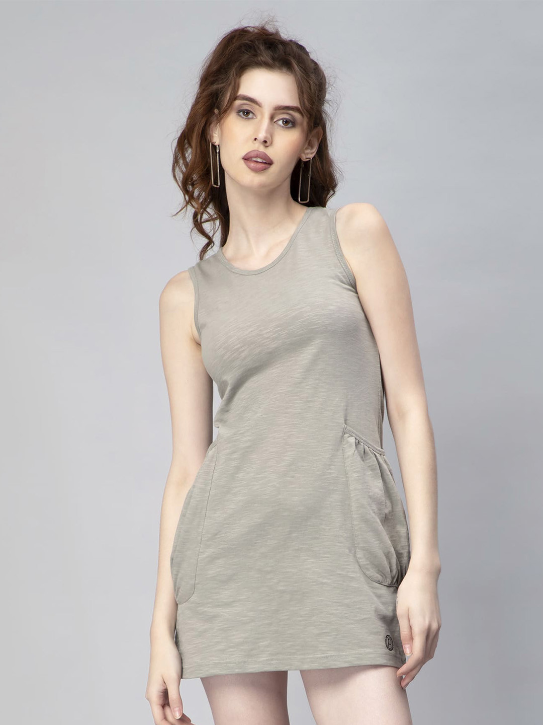 

Pritla Round Neck Pockets Cotton A-Line Mini Dress, Olive