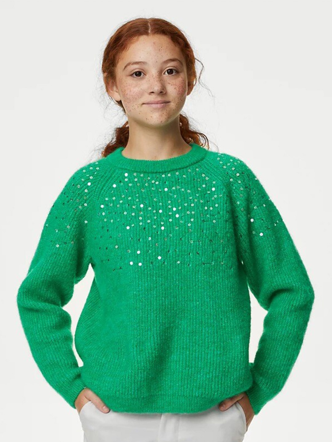 

Marks & Spencer Girls Cable Knit Pullover with Embellished Detail, Green