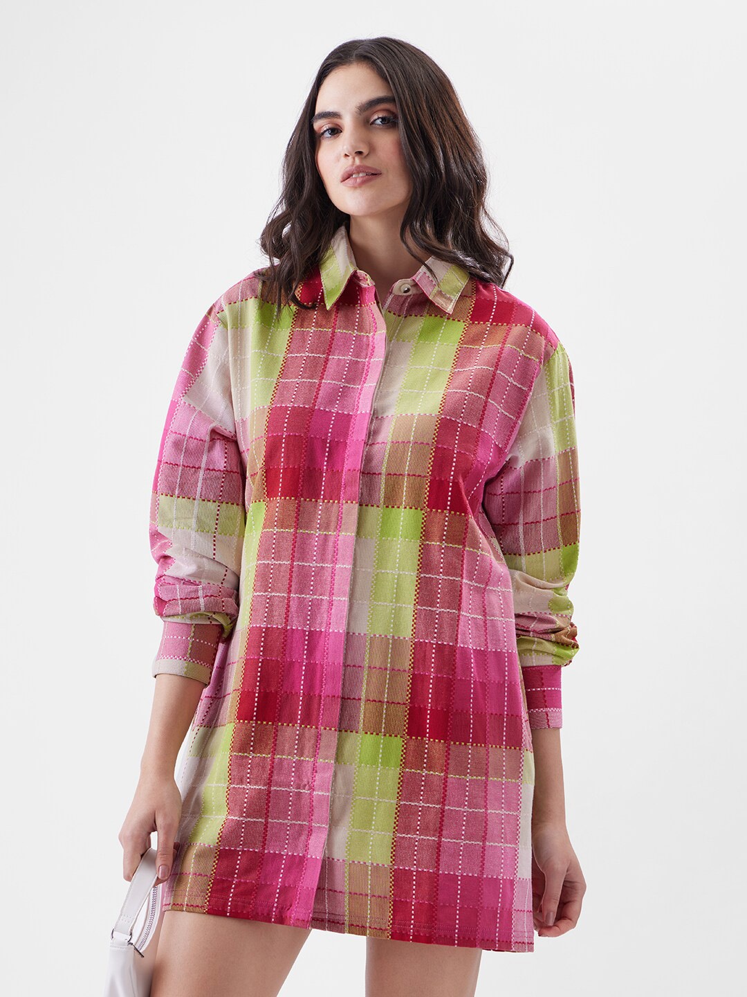 

The Souled Store Checked Pure Cotton Shirt Mini Dress, Pink