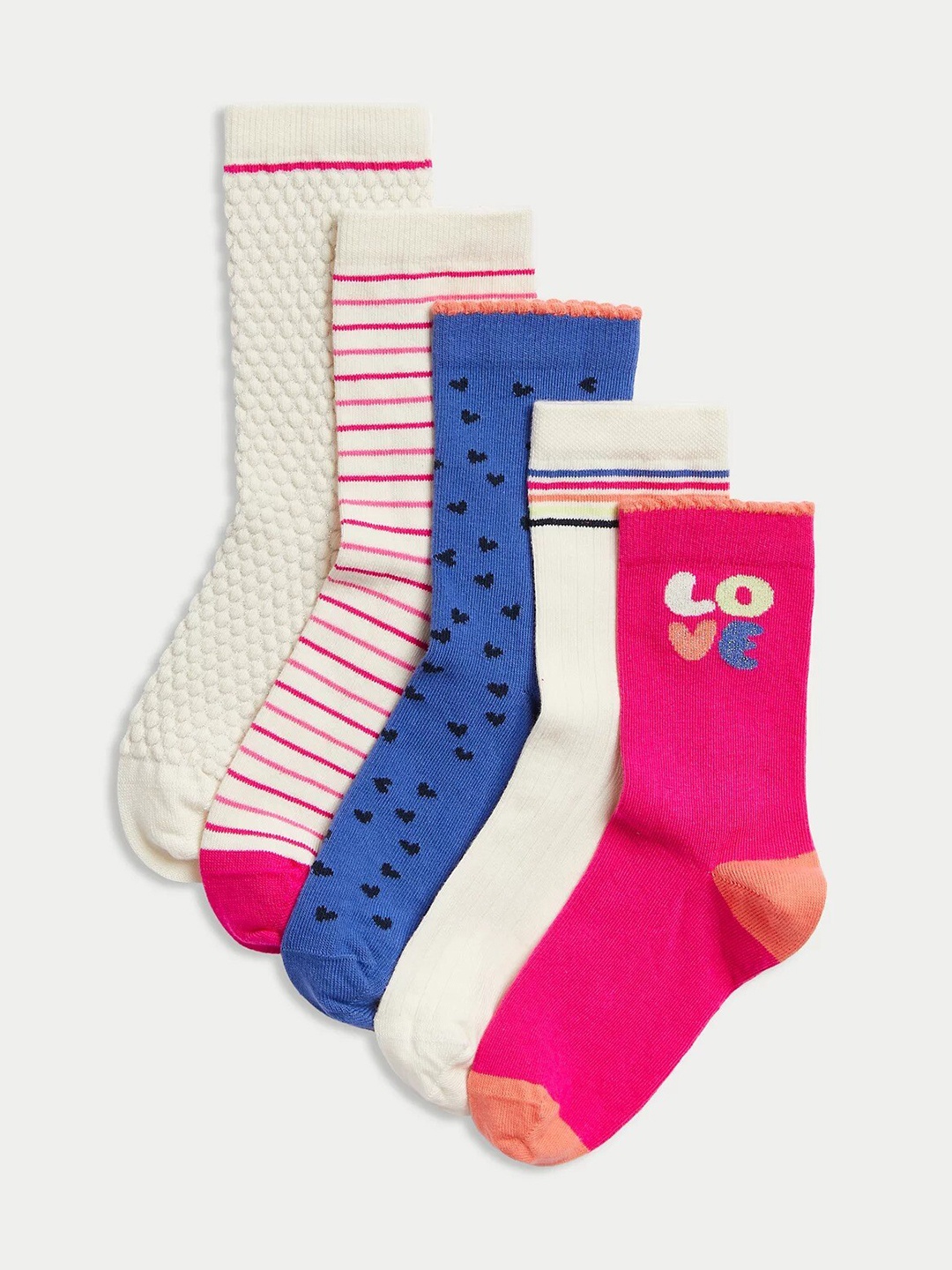 

Marks & Spencer Girls Set Of 5 Patterned Calf-Length Cotton Socks, Beige