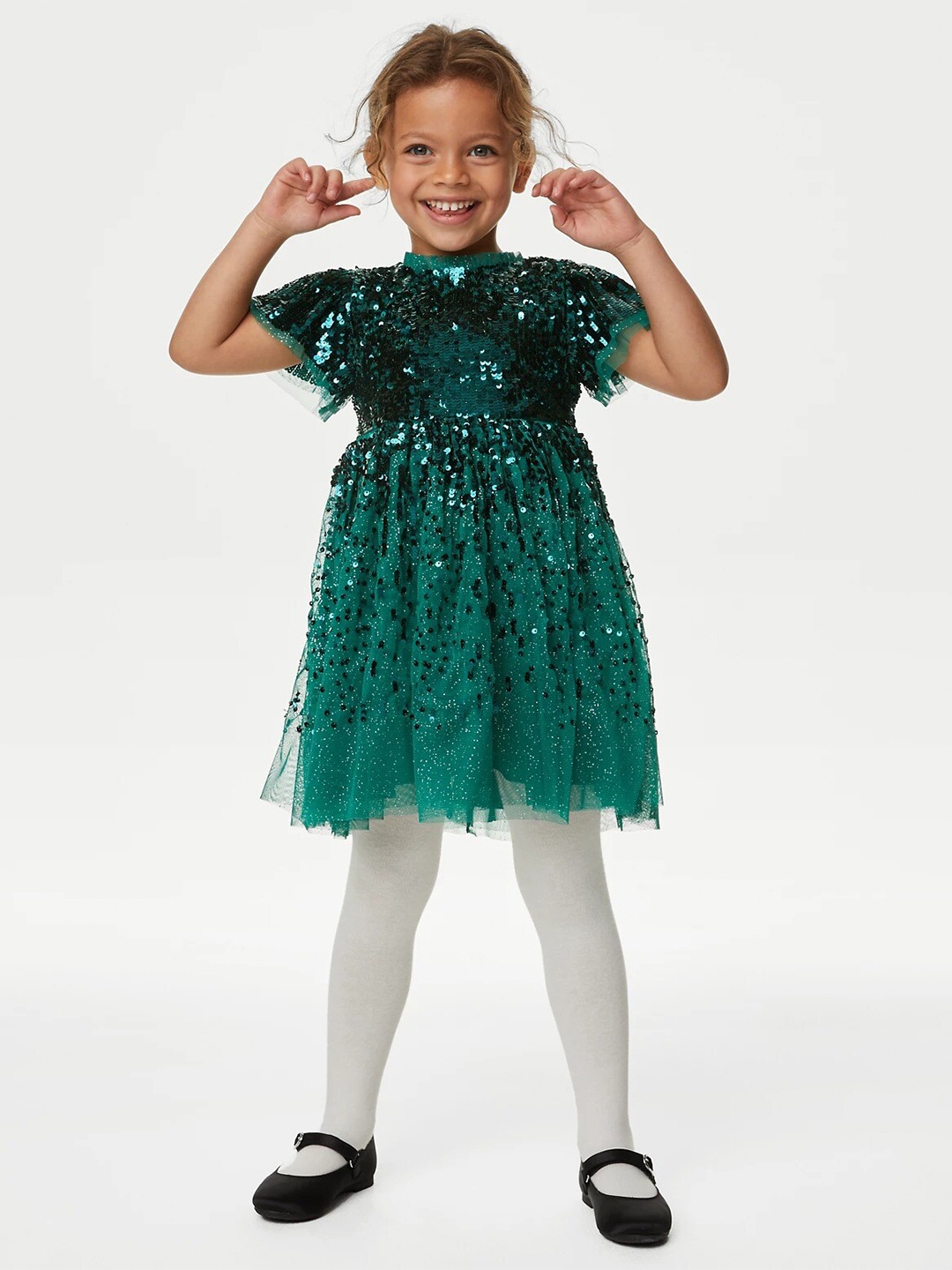 

Marks & Spencer Girls Flutter Sleeve Fit & Flare Dress, Green