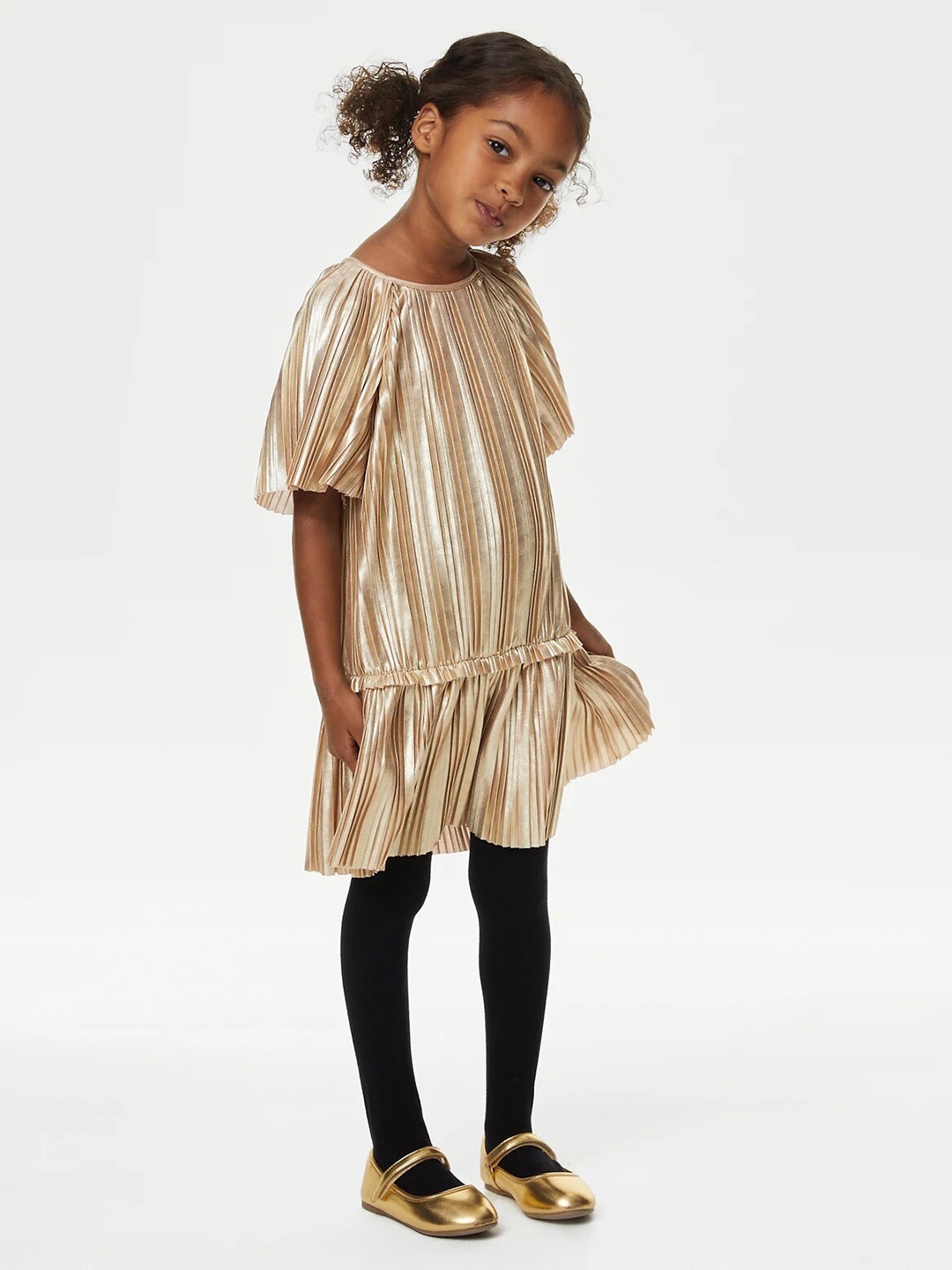 

Marks & Spencer Girls Striped Cape Sleeve Drop-Waist Dress, Gold