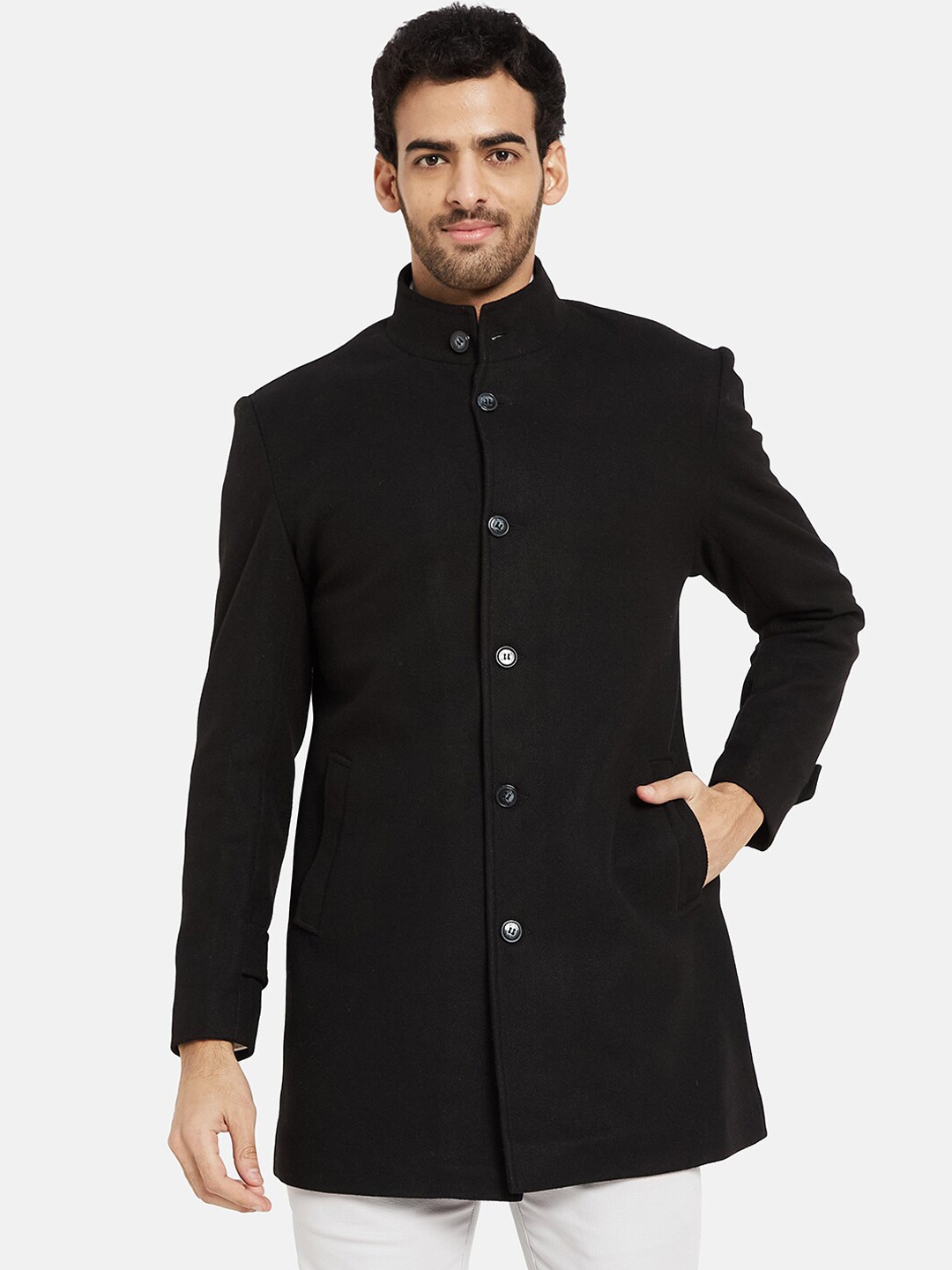 

METTLE Single Breasted Mandarin Collar Overcoat, Black
