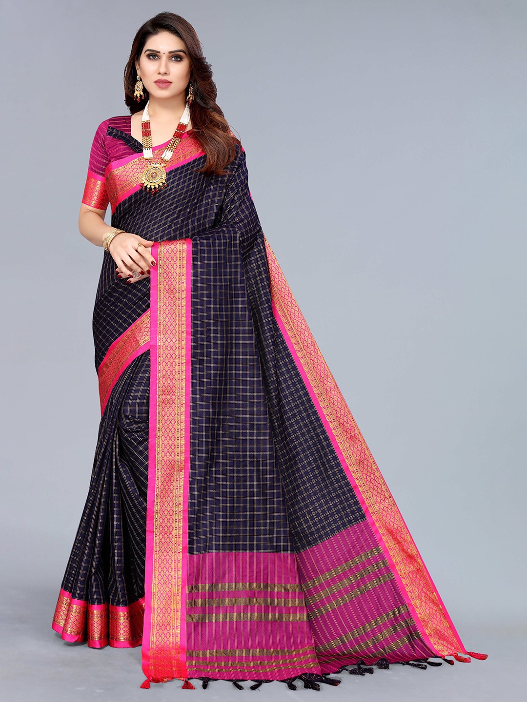 

KALINI Ethnic Motifs Woven Design Zari Art Silk Banarasi Saree, Navy blue
