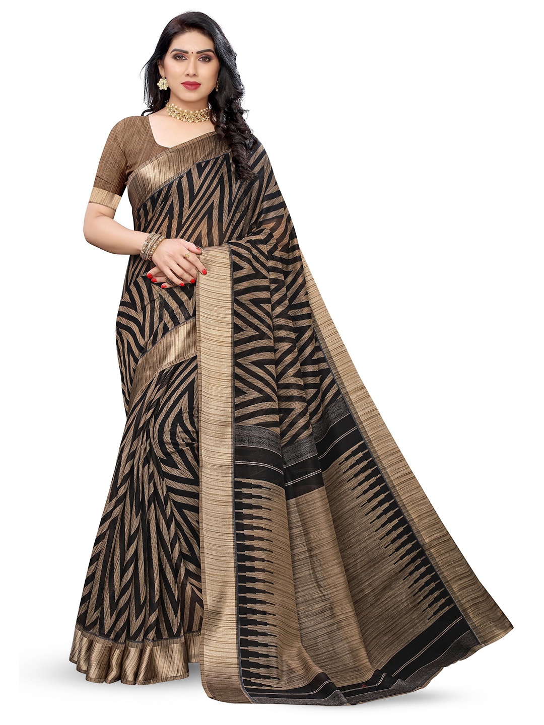 

KALINI Geometric Printed Art Silk Saree, Black