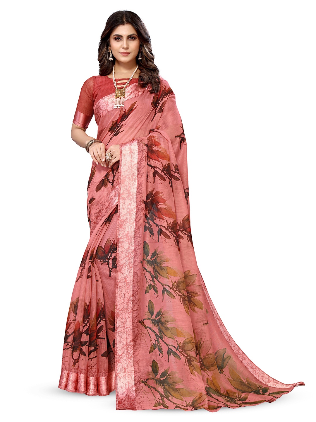 

KALINI Floral Printed Satin Saree, Peach