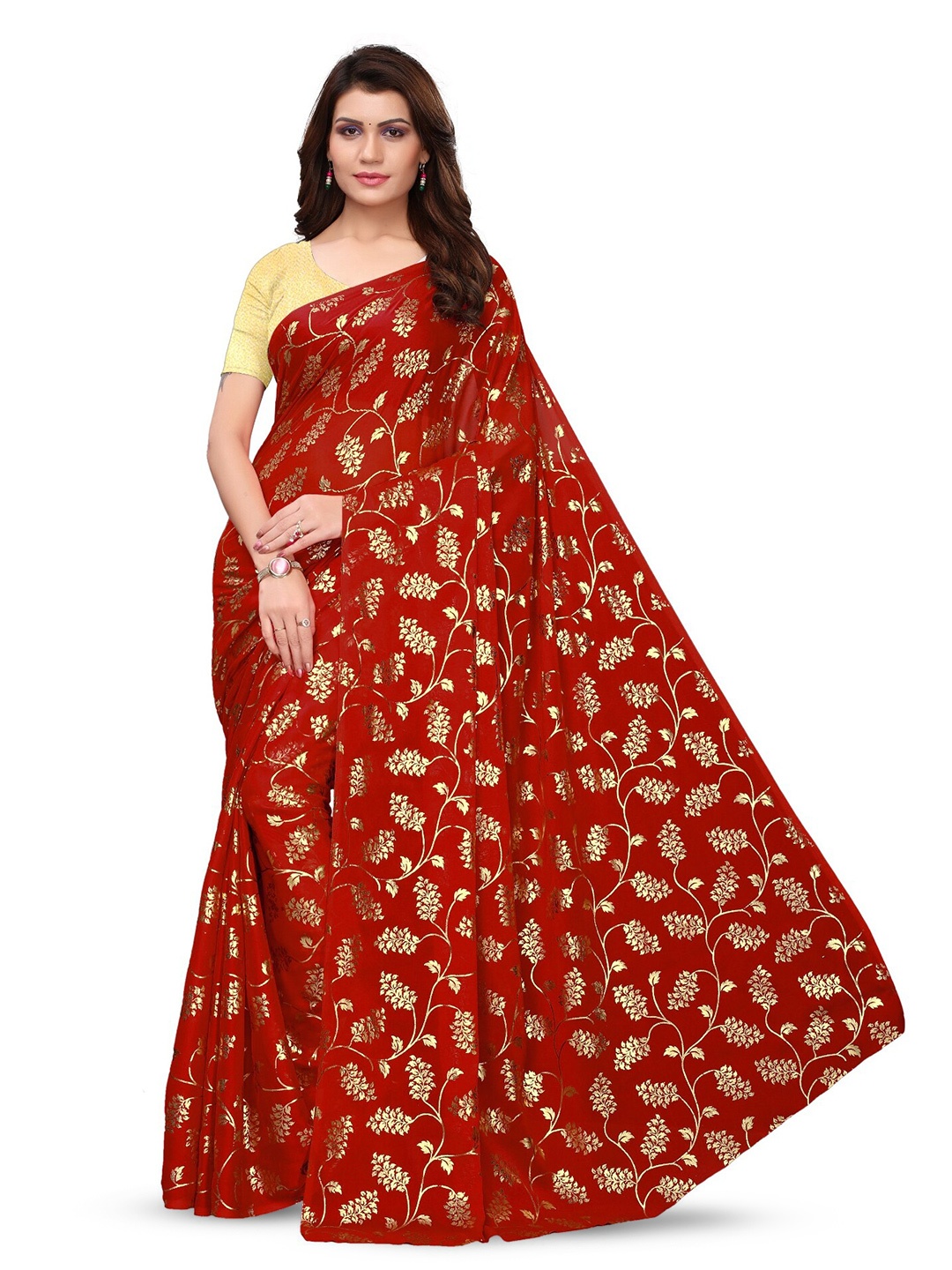

KALINI Floral Printed Zari Art Silk Saree, Red