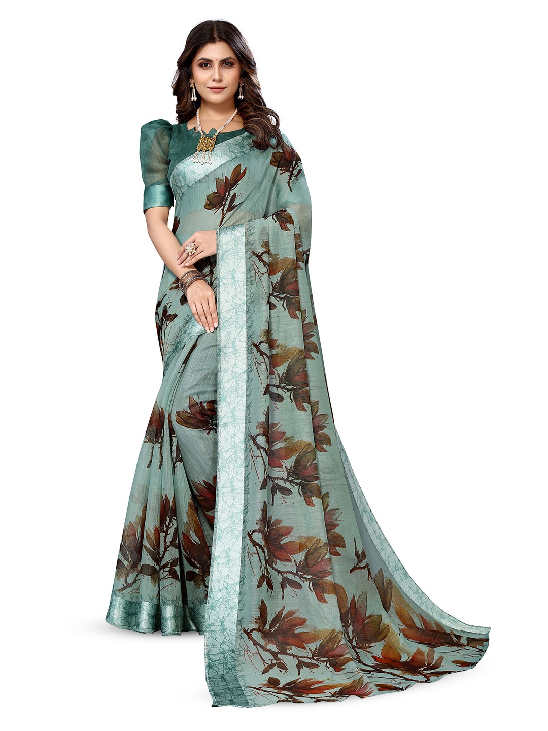 

KALINI Floral Printed Satin Saree, Green