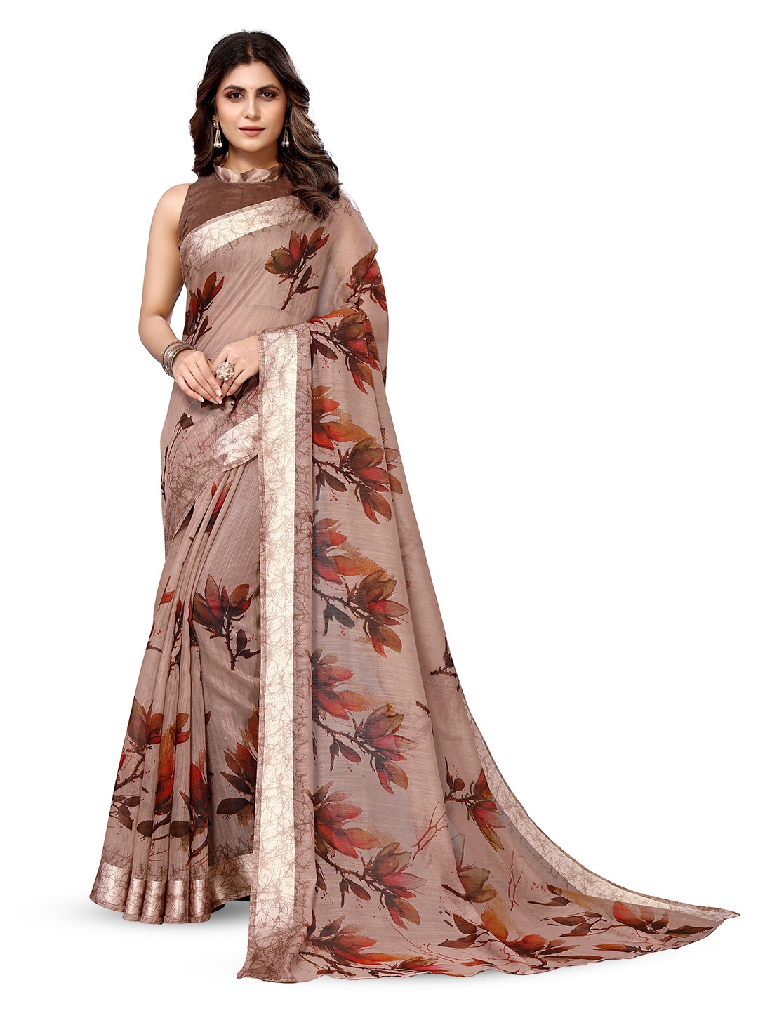 

KALINI Floral Printed Satin Saree, Brown