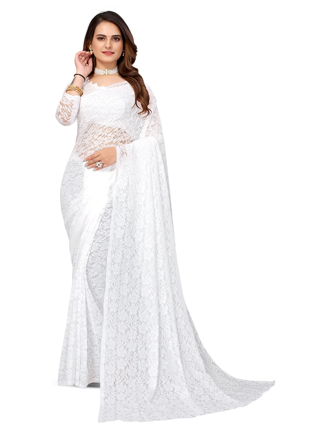 

KALINI Foral Woven Design Net Saree, White